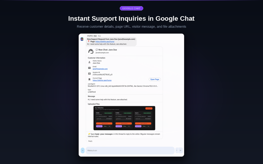 Instant Support Inquiries in Google Chat — Receive customer details, page URL, visitor message, and file attachments