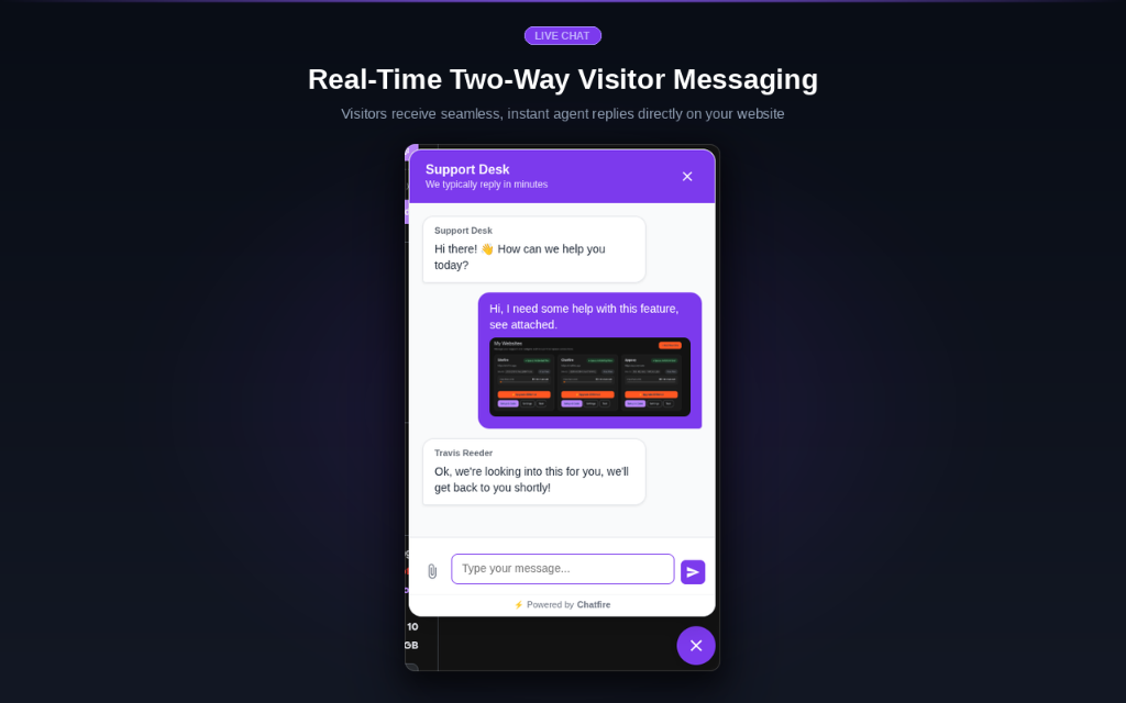 Real-Time Two-Way Visitor Messaging — Visitors receive seamless, instant agent replies directly on your website